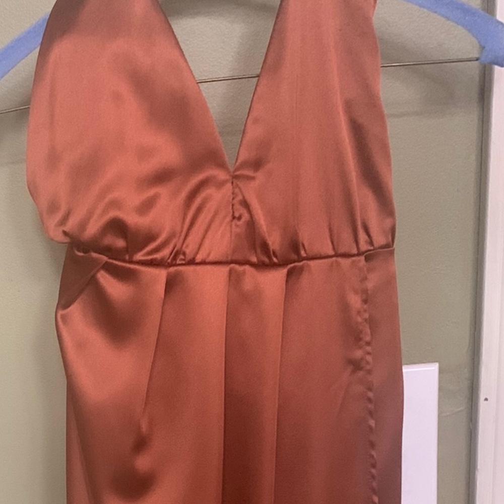 White Fox v neck, floor length dress in Rust